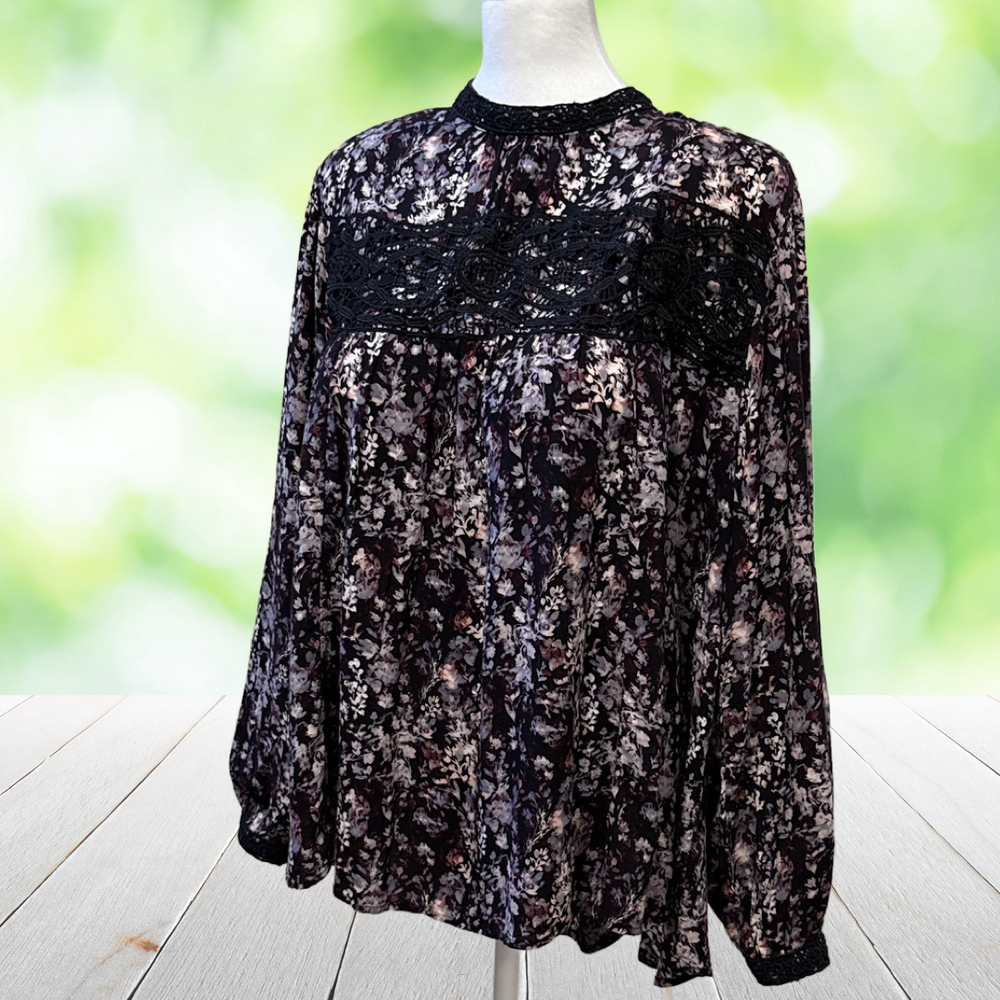 CATO Blouse Dark Floral Babydoll Crochet Lace Whimsigoth Black Purple Plus 3X